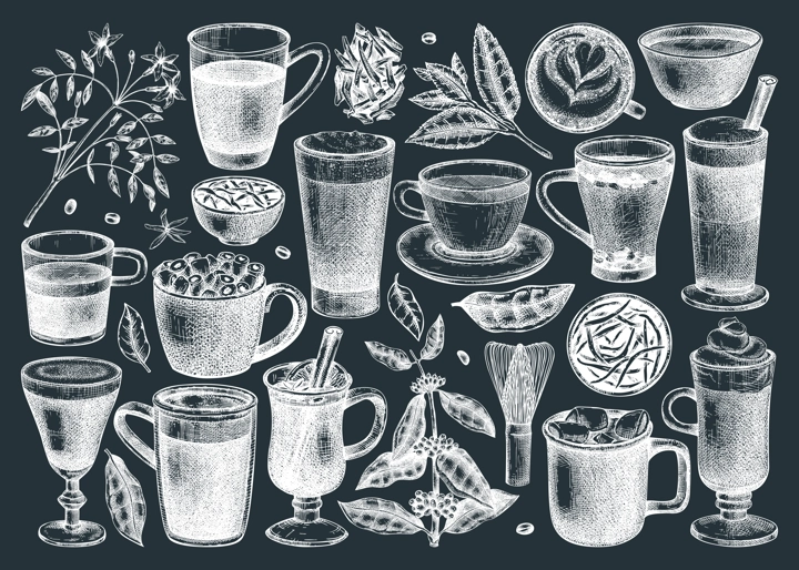 Bar menu design elements. Vector collection hot drinks on chalkboard. Hand-sketched tea, mulled wine, coffee, hot chocolate and ingredients illustrations. Popular beverages for brands, menu, packaging
